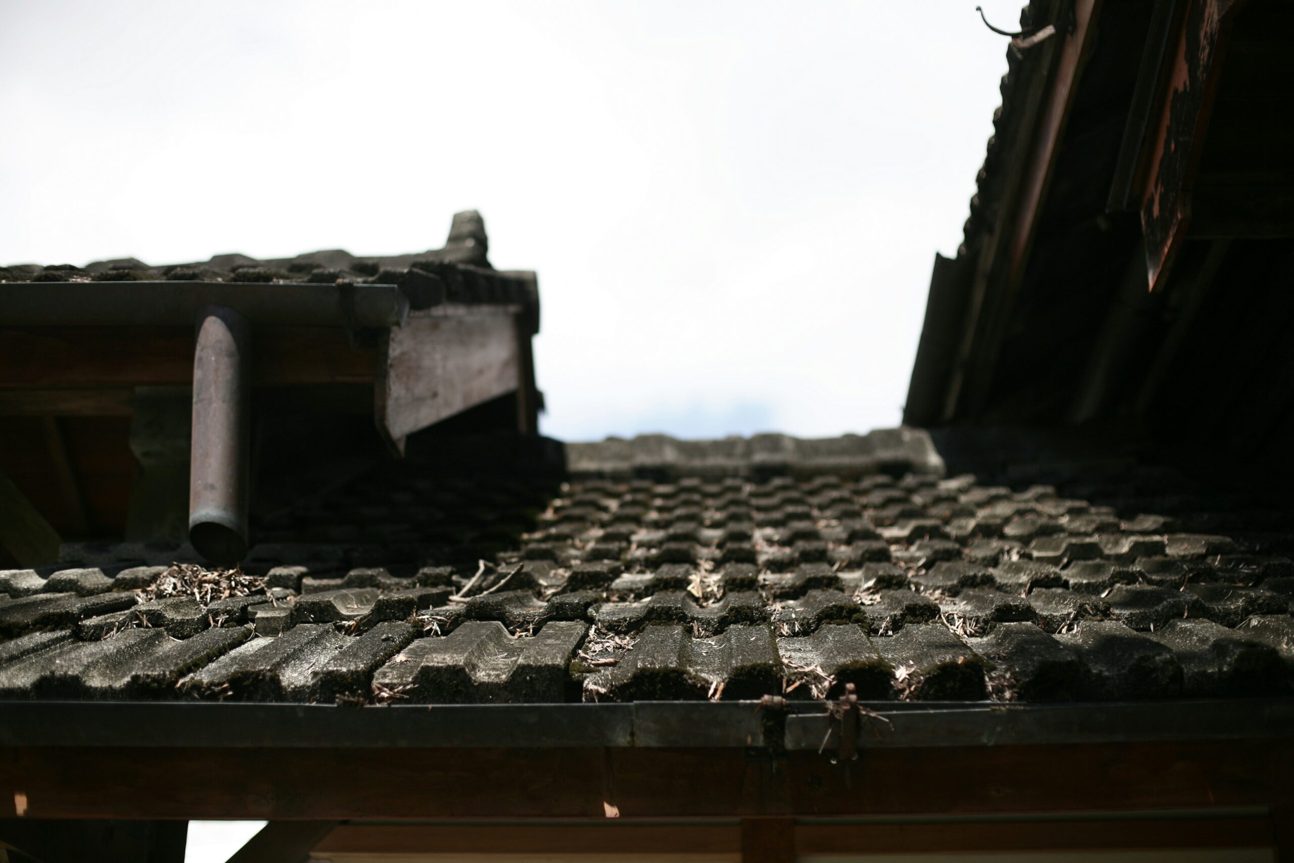 Close-up of an old, weathered tile roof with moss and debris buildup, showing signs of deterioration and potential need for roof replacement.